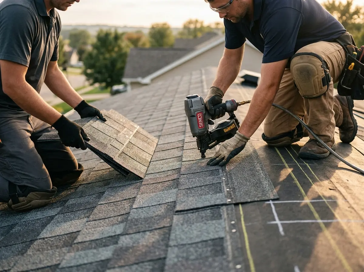 Professional roofer working on a residential roof in Longmeadow
